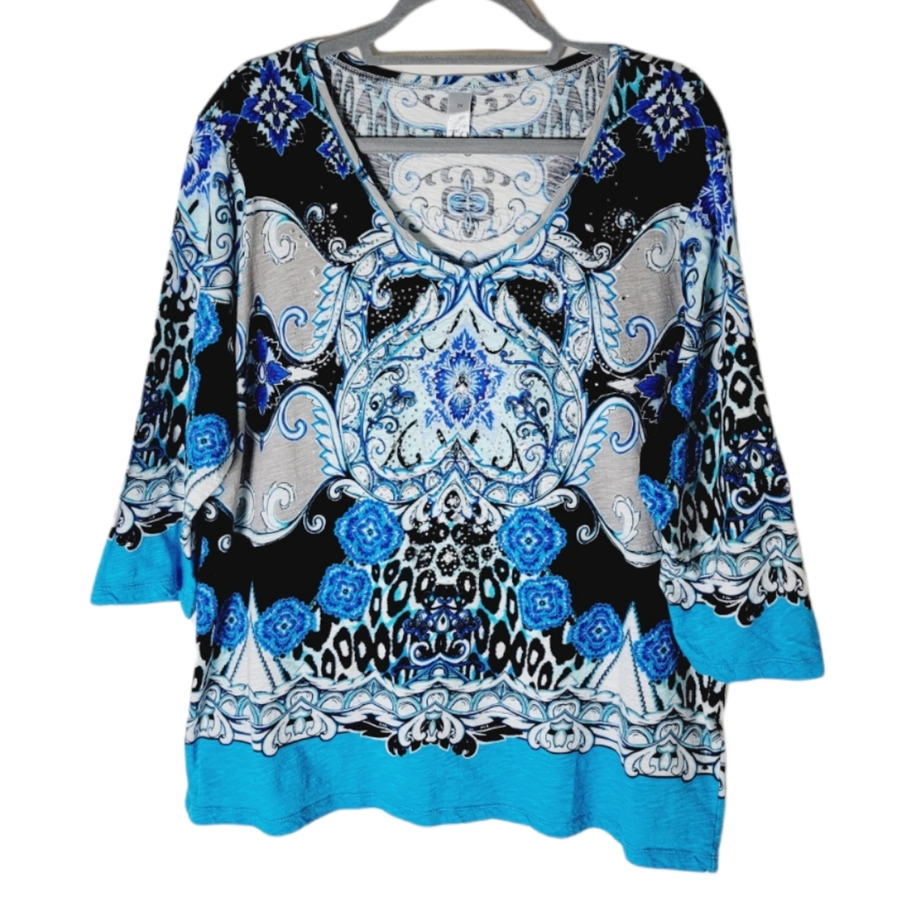 Thomas & Olivia plus size top 2X blue black paisley animal print 3/4 sleeve